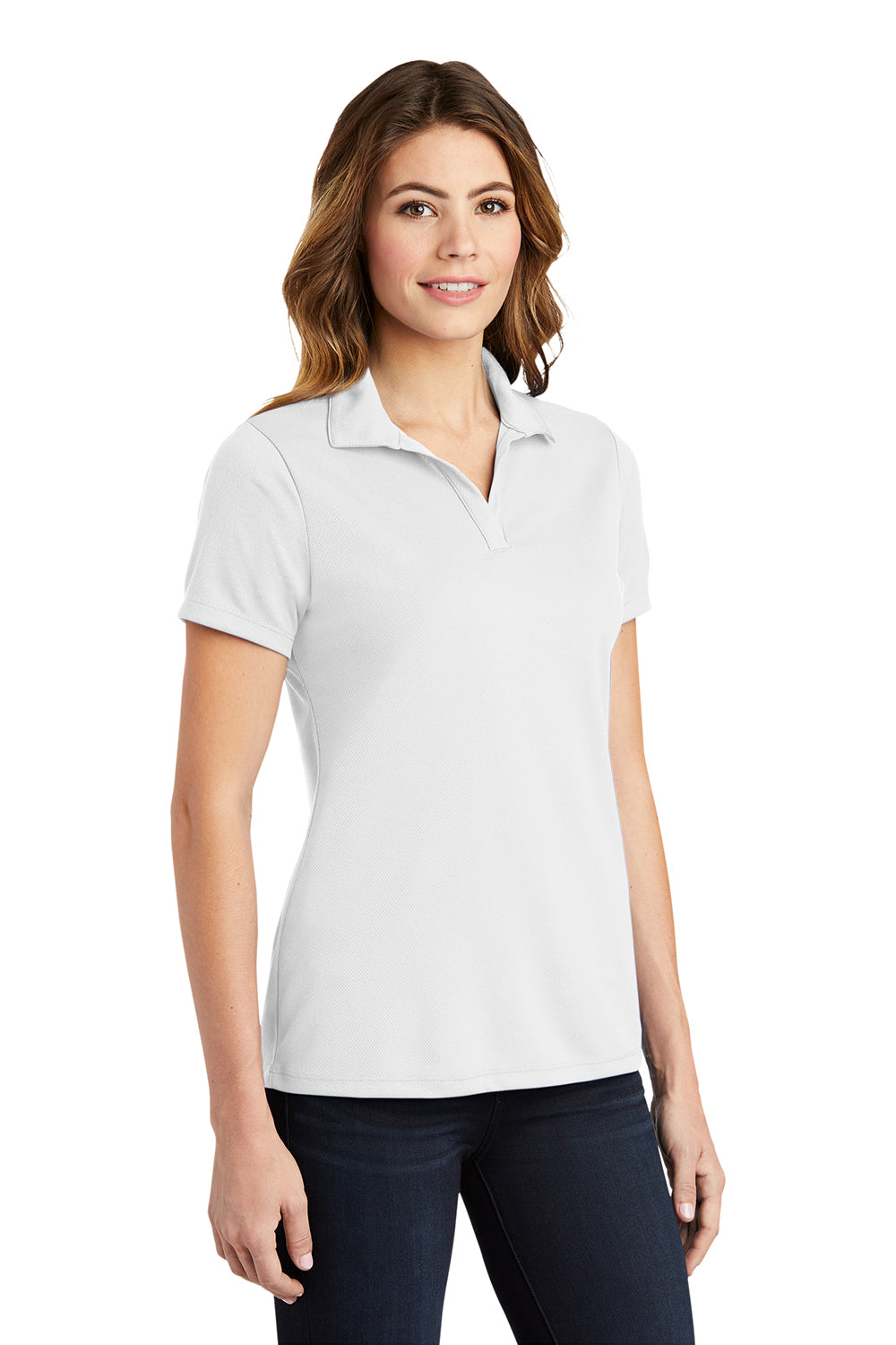 Sport-Tek LST640 Womens RacerMesh Moisture Wicking Short Sleeve Polo Shirt White Model 3q