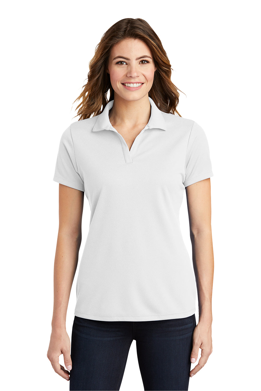 Sport-Tek LST640 Womens RacerMesh Moisture Wicking Short Sleeve Polo Shirt White Model Front