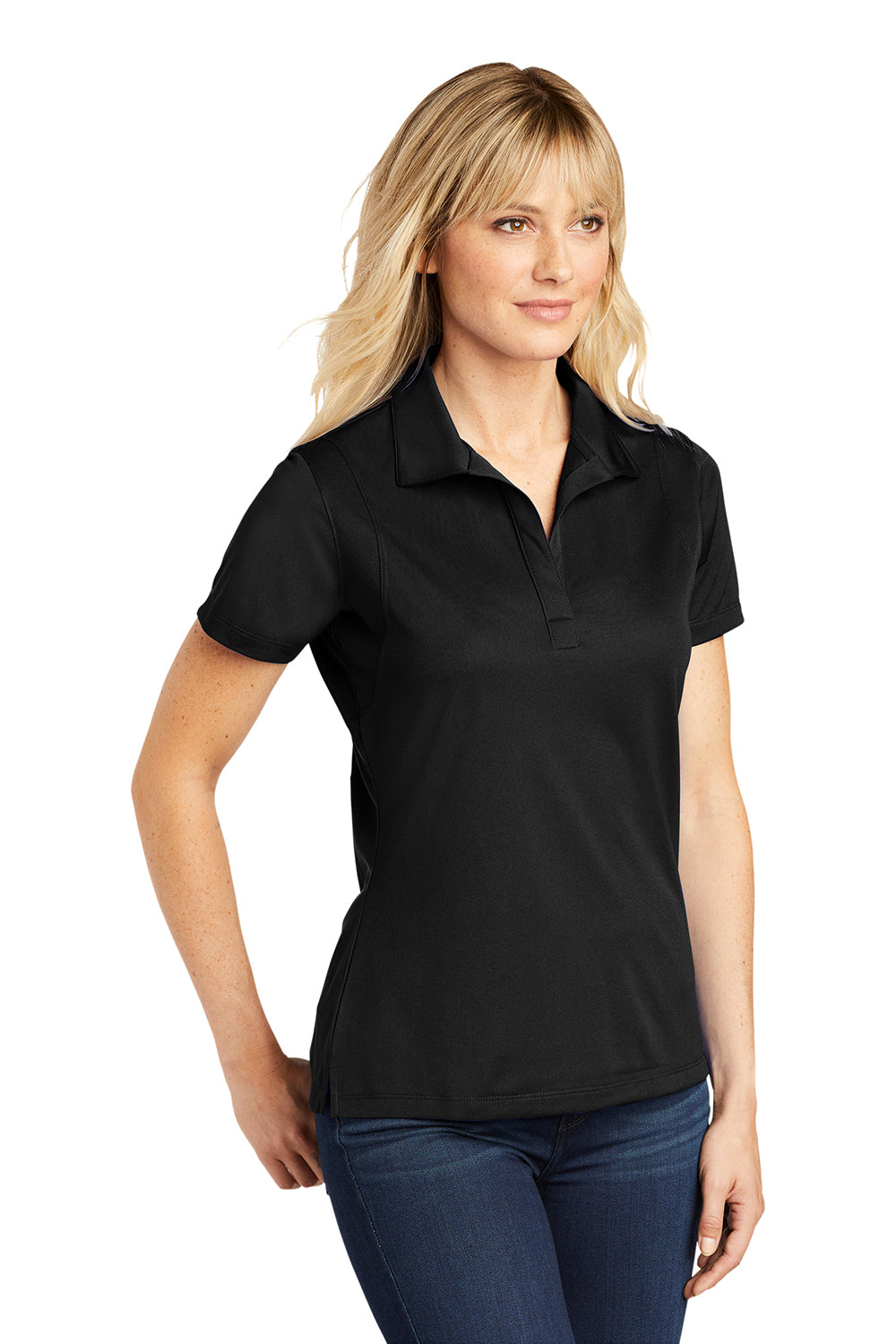 Sport-Tek LST650 Womens Sport-Wick Moisture Wicking Short Sleeve Polo Shirt Black Model 3q