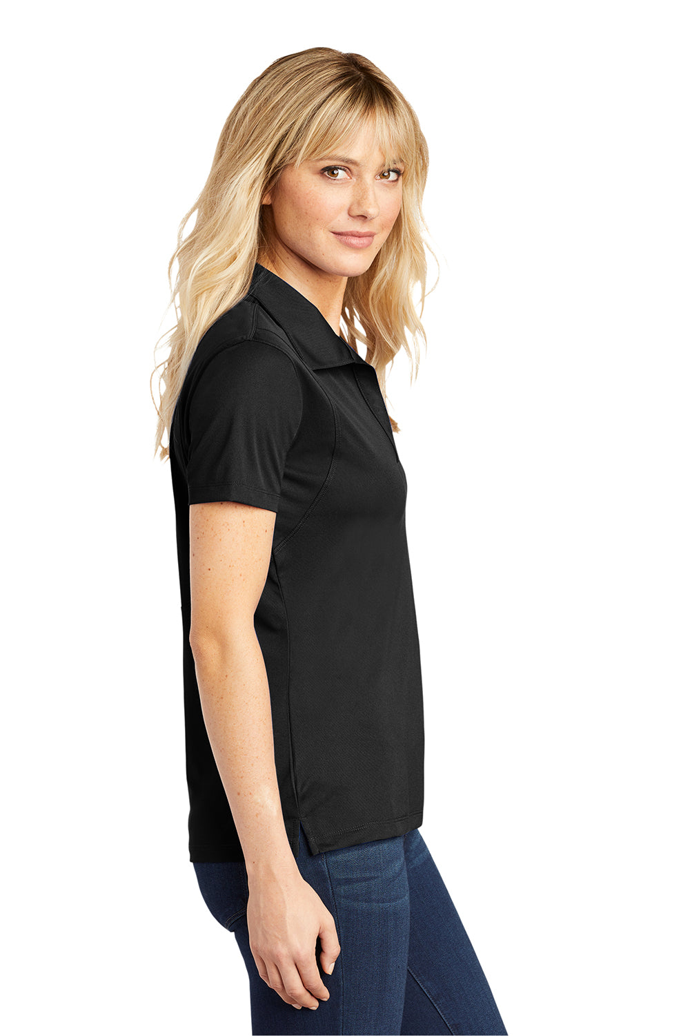 Sport-Tek LST650 Womens Sport-Wick Moisture Wicking Short Sleeve Polo Shirt Black Model Side