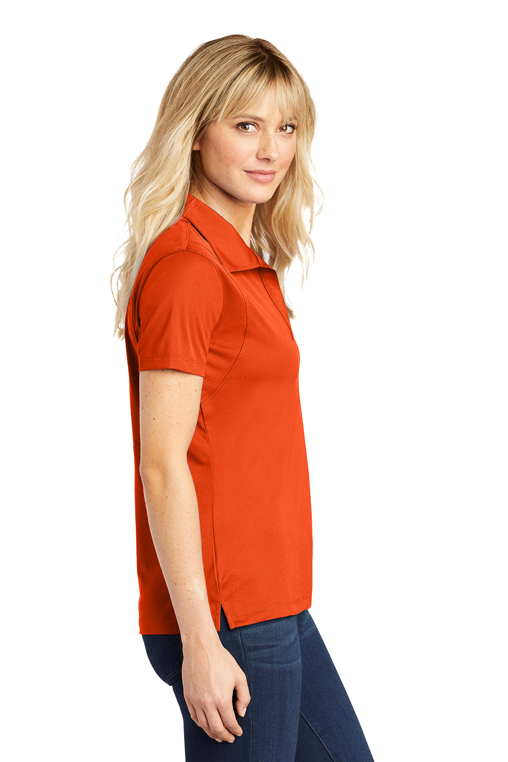 Sport-Tek LST650 Womens Sport-Wick Moisture Wicking Short Sleeve Polo Shirt Deep Orange Model Side