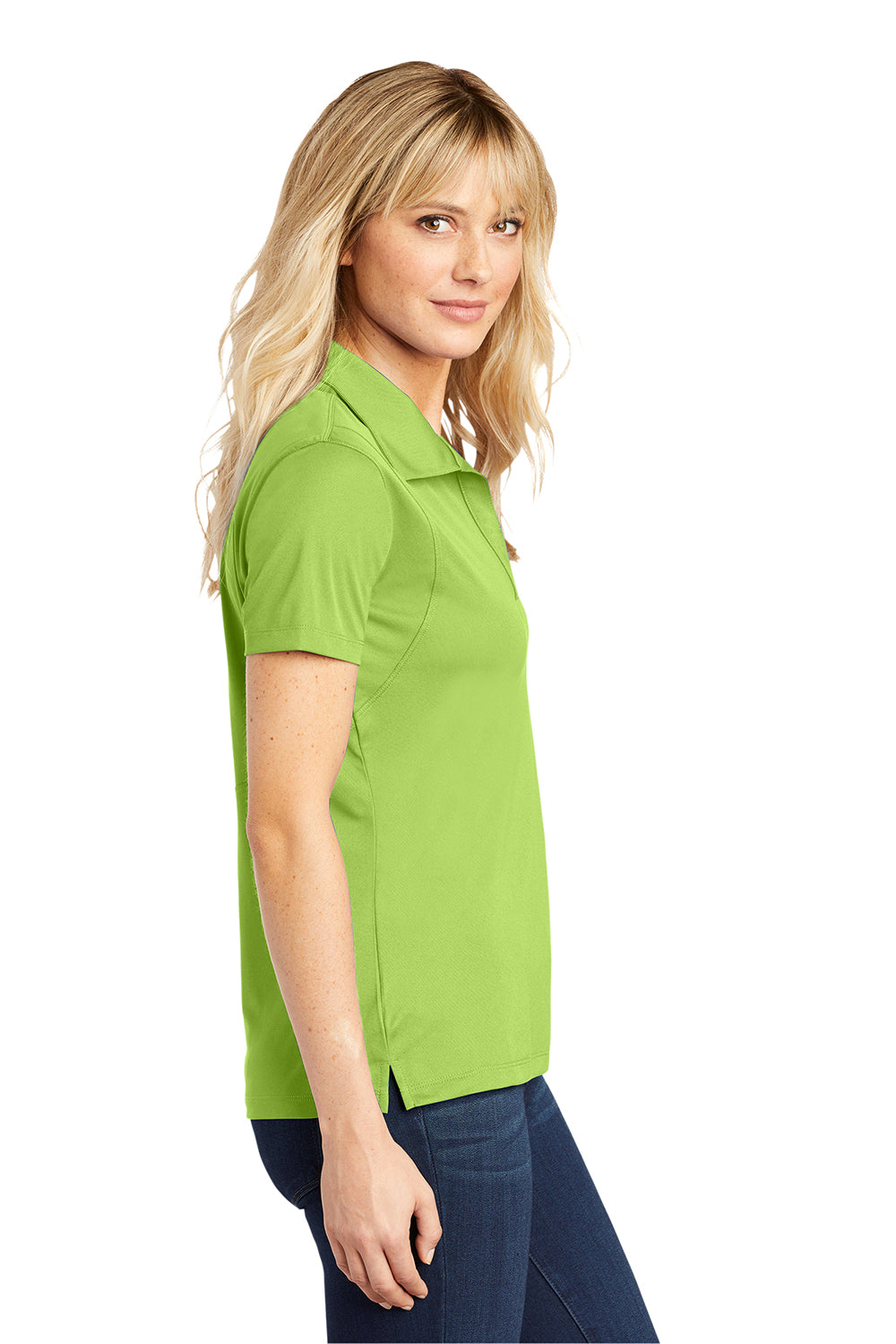 Sport-Tek LST650 Womens Sport-Wick Moisture Wicking Short Sleeve Polo Shirt Lime Shock Green Model Side