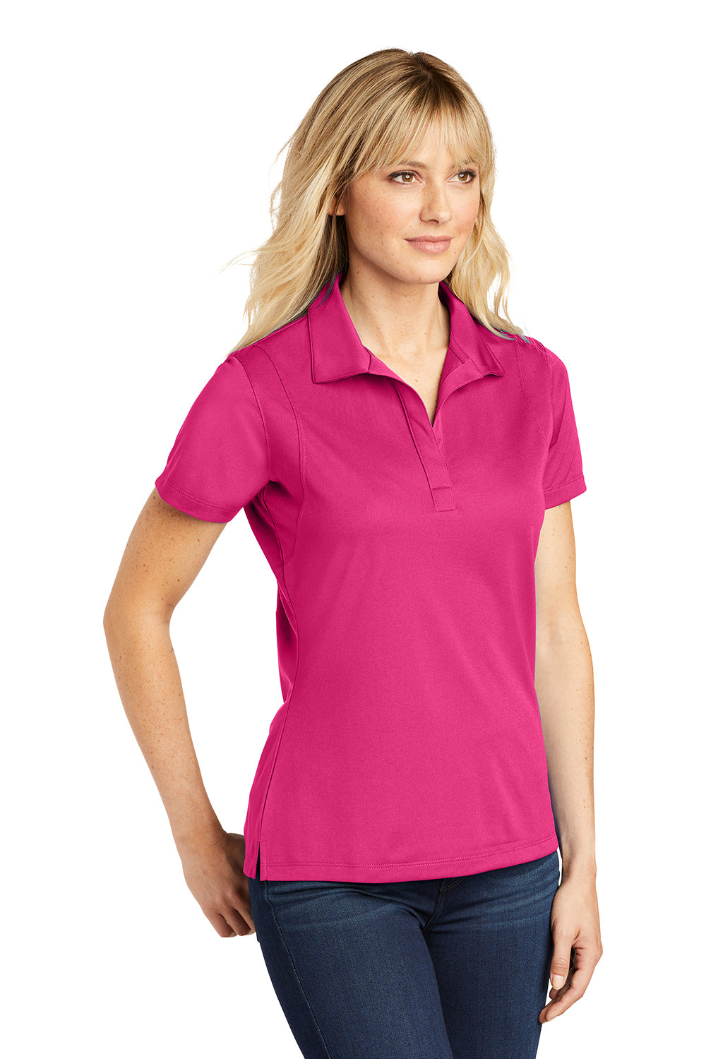 Sport-Tek LST650 Womens Sport-Wick Moisture Wicking Short Sleeve Polo Shirt Raspberry Pink Model 3q