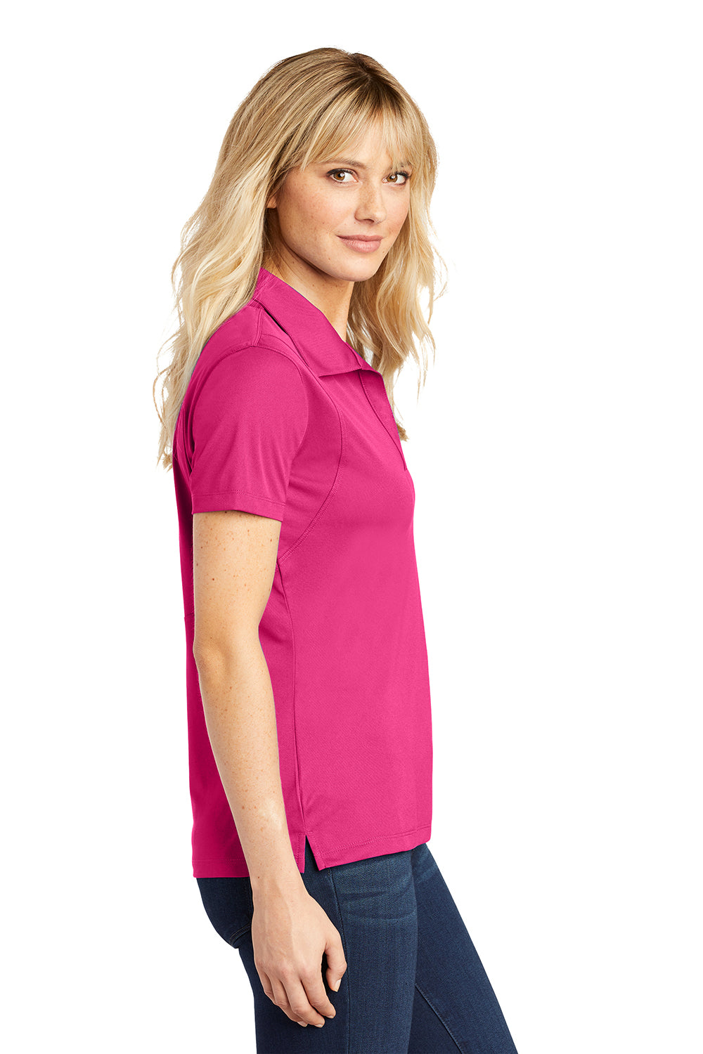 Sport-Tek LST650 Womens Sport-Wick Moisture Wicking Short Sleeve Polo Shirt Raspberry Pink Model Side