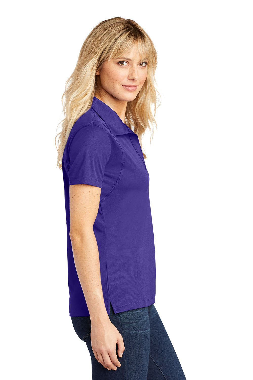 Sport-Tek LST650 Womens Sport-Wick Moisture Wicking Short Sleeve Polo Shirt Purple Model Side