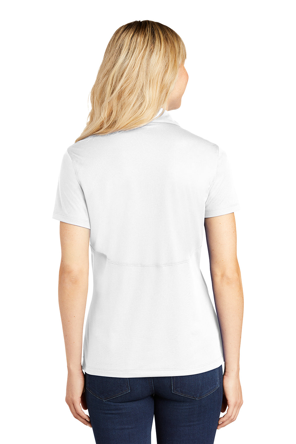 Sport-Tek LST650 Womens Sport-Wick Moisture Wicking Short Sleeve Polo Shirt White Model Back