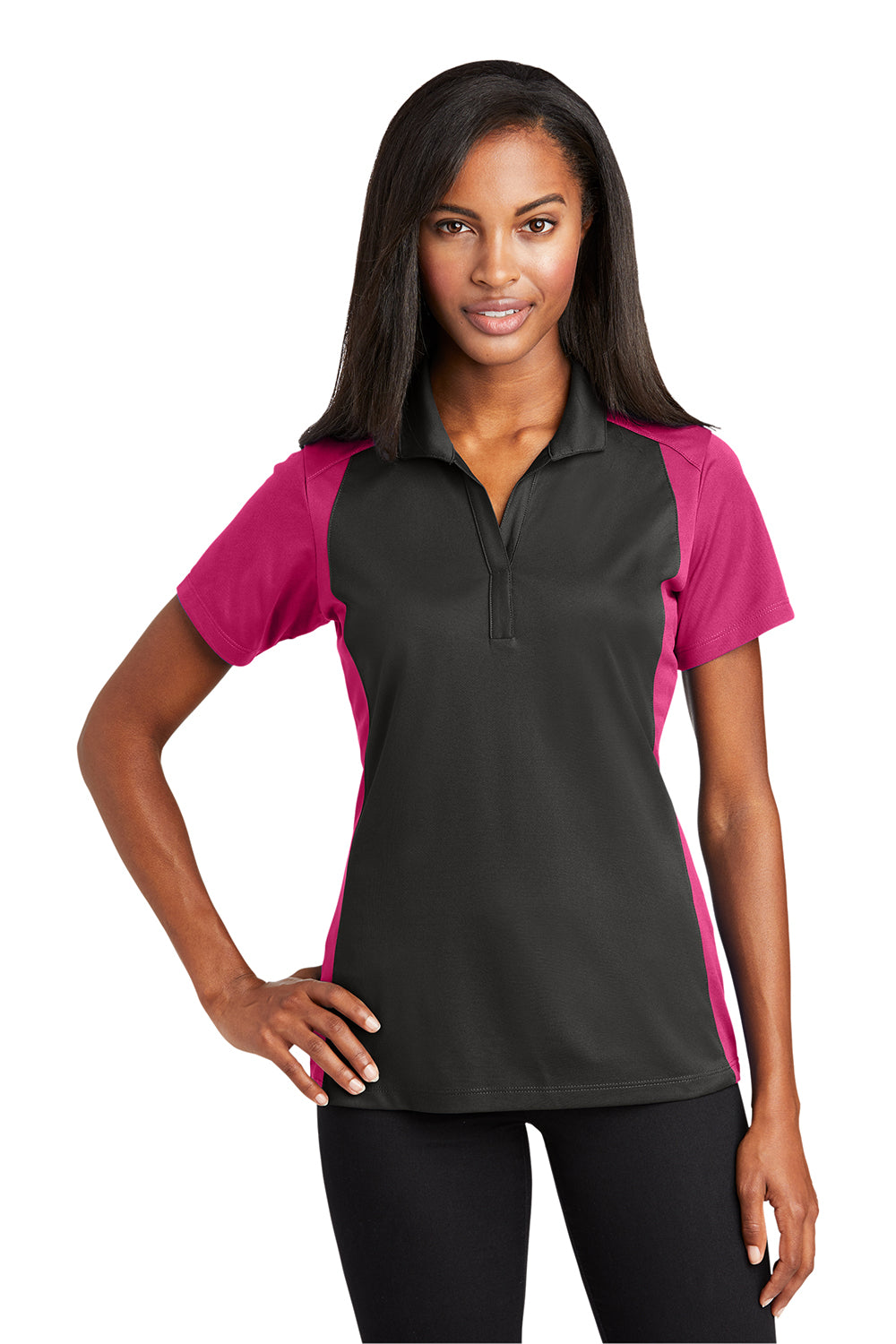 Sport Tek LST652 Womens Iron Grey Raspberry Pink Sport Wick Moisture Wicking Short Sleeve Polo Shirt BigTopShirtShop