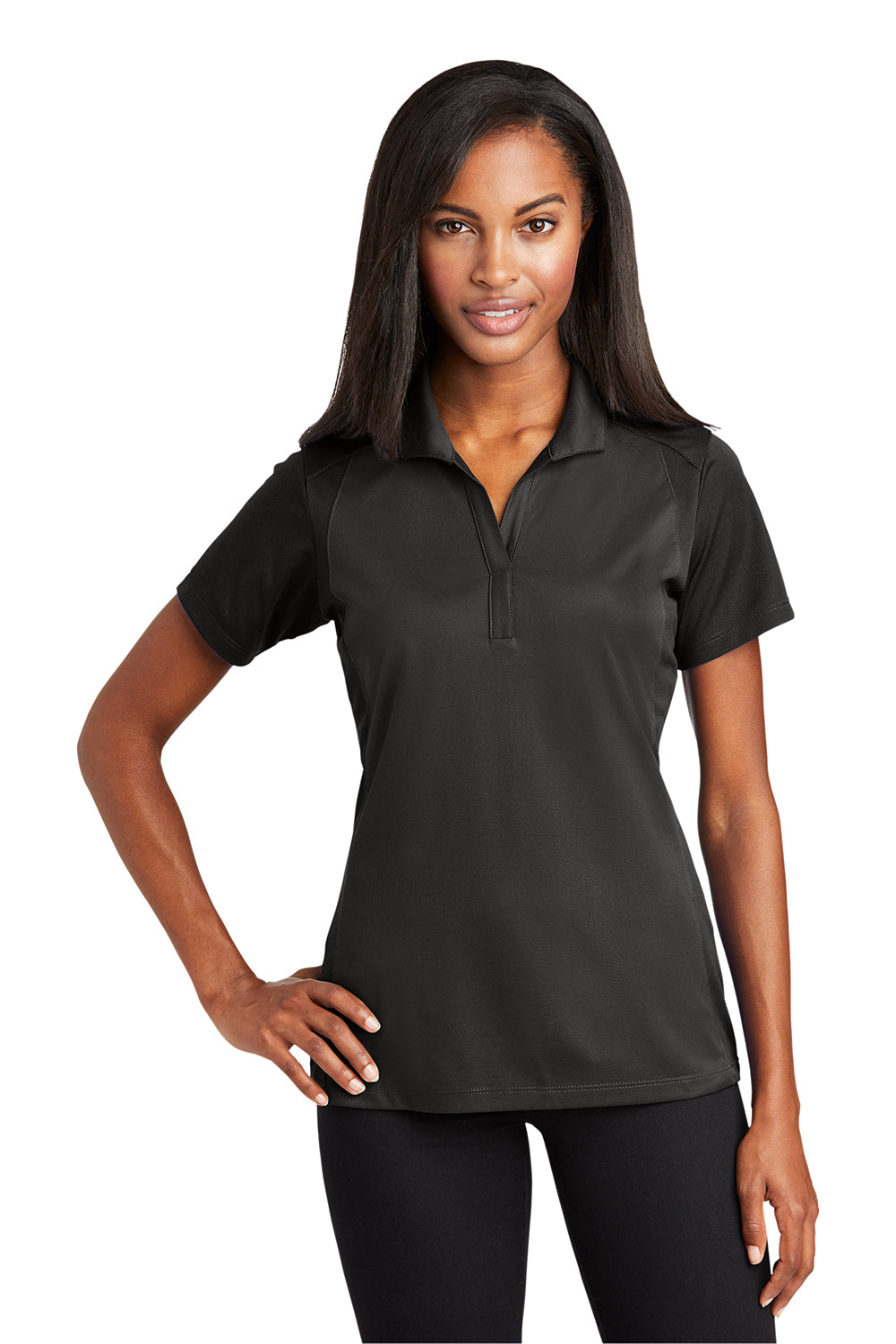 Sport-Tek LST652 Womens Sport-Wick Moisture Wicking Short Sleeve Polo Shirt Iron Grey/Black Model Front