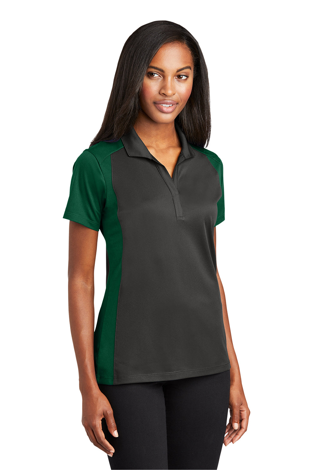 Sport-Tek LST652 Womens Sport-Wick Moisture Wicking Short Sleeve Polo Shirt Iron Grey/Forest Green Model 3q