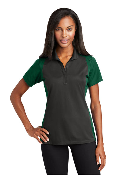 Sport-Tek LST652 Womens Sport-Wick Moisture Wicking Short Sleeve Polo Shirt Iron Grey/Forest Green Model Front