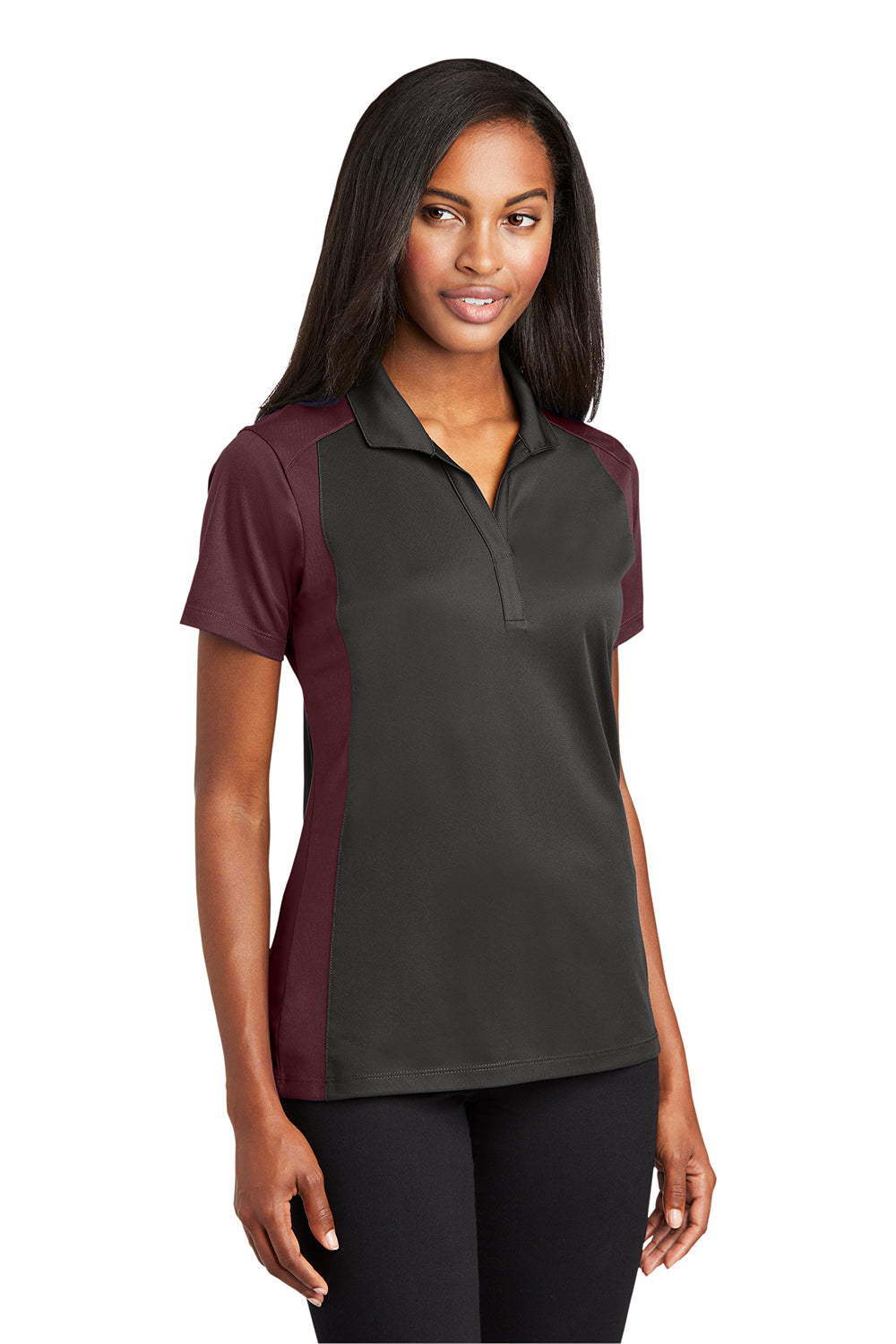 Sport-Tek LST652 Womens Sport-Wick Moisture Wicking Short Sleeve Polo Shirt Iron Grey/Maroon Model 3q