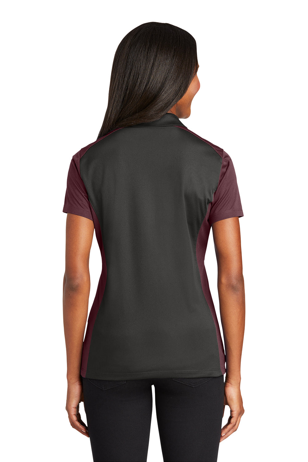 Sport-Tek LST652 Womens Sport-Wick Moisture Wicking Short Sleeve Polo Shirt Iron Grey/Maroon Model Back