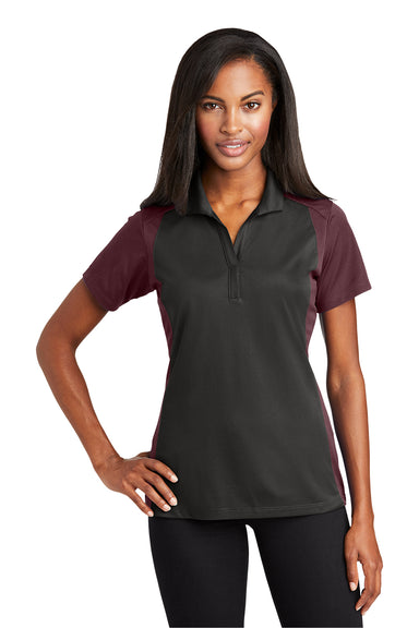 Sport-Tek LST652 Womens Sport-Wick Moisture Wicking Short Sleeve Polo Shirt Iron Grey/Maroon Model Front