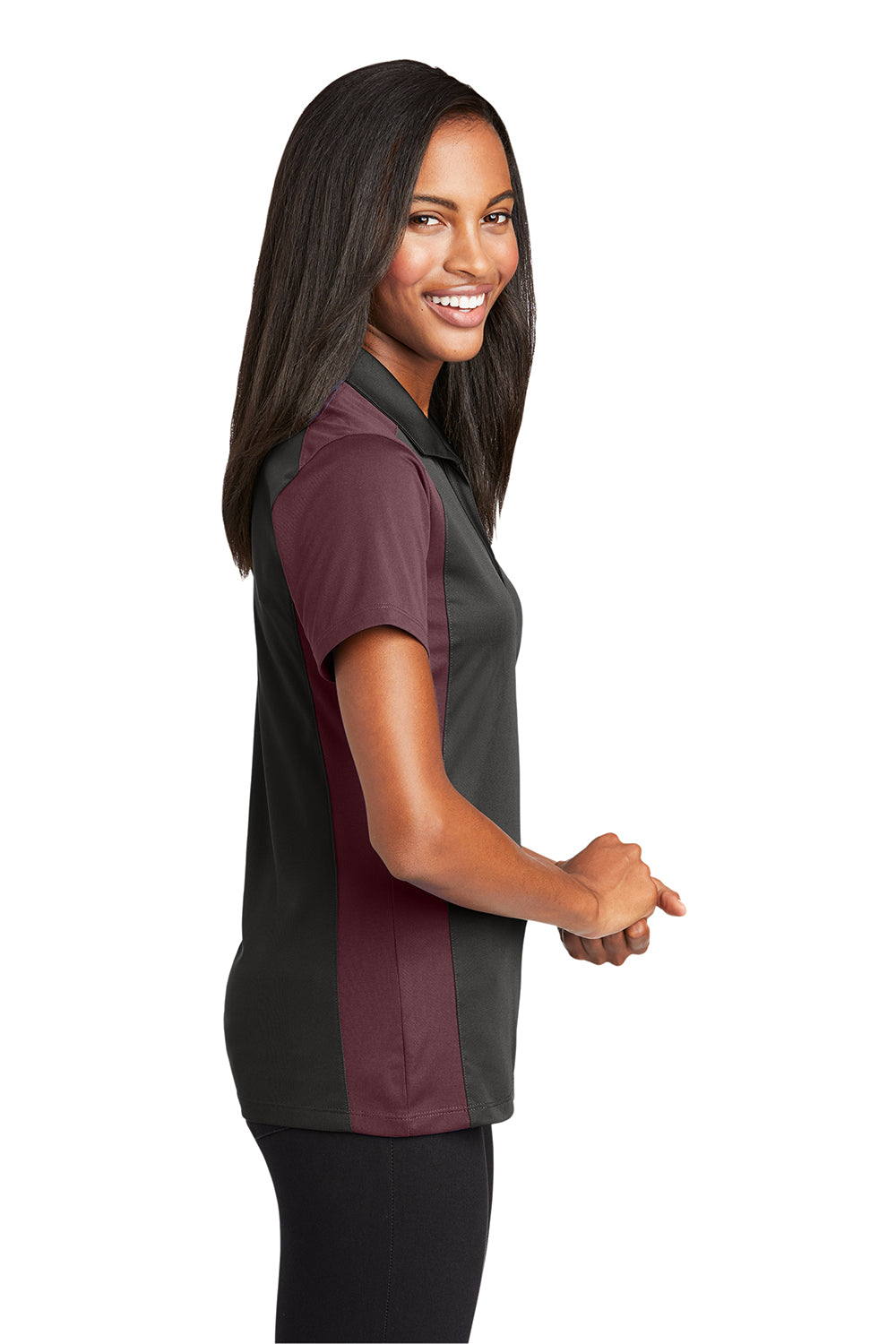 Sport-Tek LST652 Womens Sport-Wick Moisture Wicking Short Sleeve Polo Shirt Iron Grey/Maroon Model Side