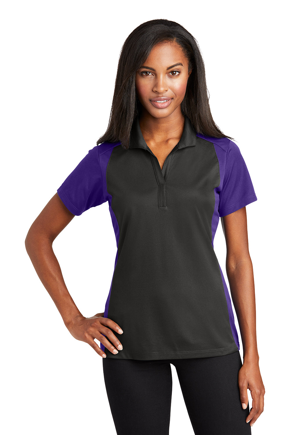 Sport-Tek LST652 Womens Sport-Wick Moisture Wicking Short Sleeve Polo Shirt Iron Grey/Purple Model Front