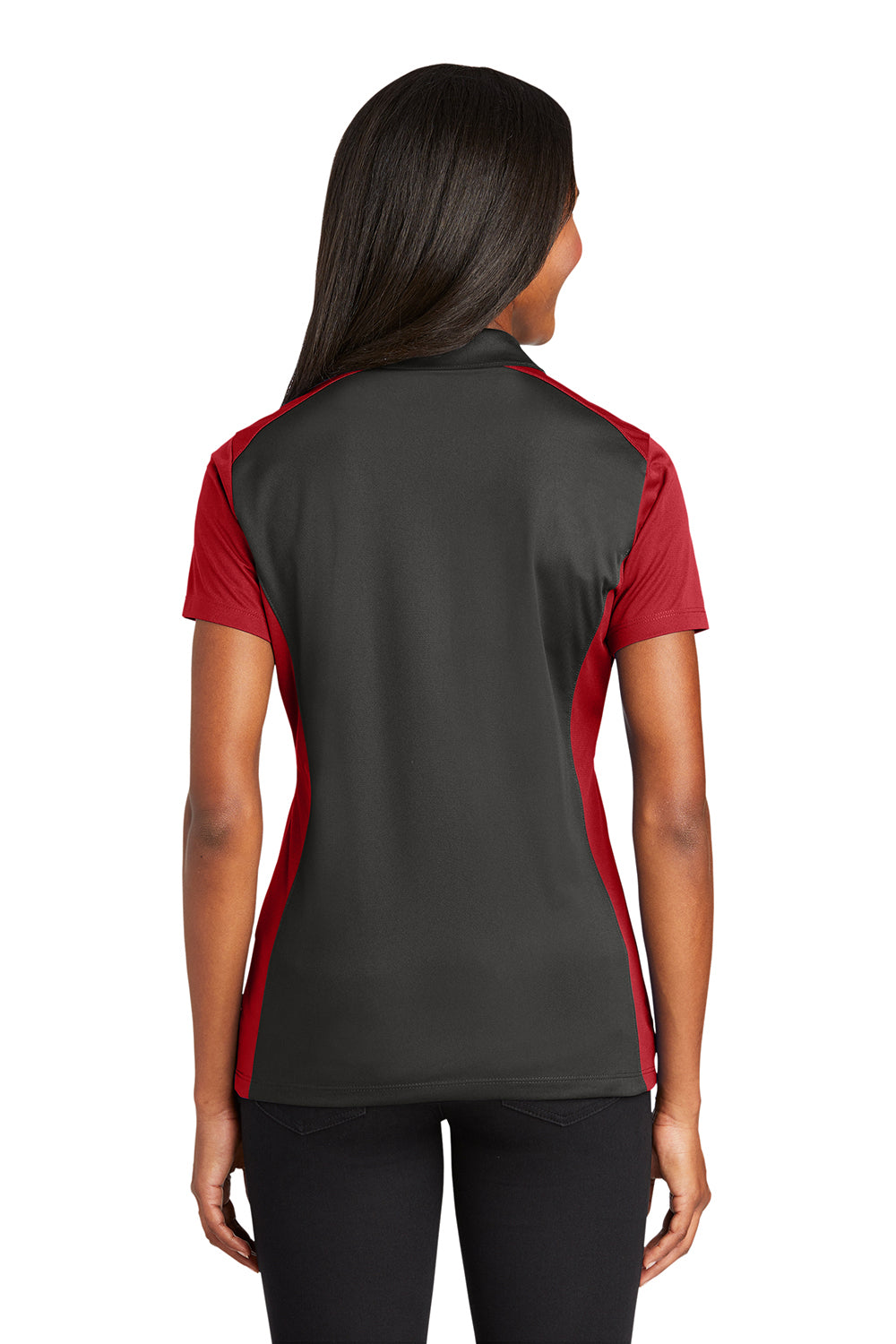 Sport-Tek LST652 Womens Sport-Wick Moisture Wicking Short Sleeve Polo Shirt Iron Grey/True Red Model Back