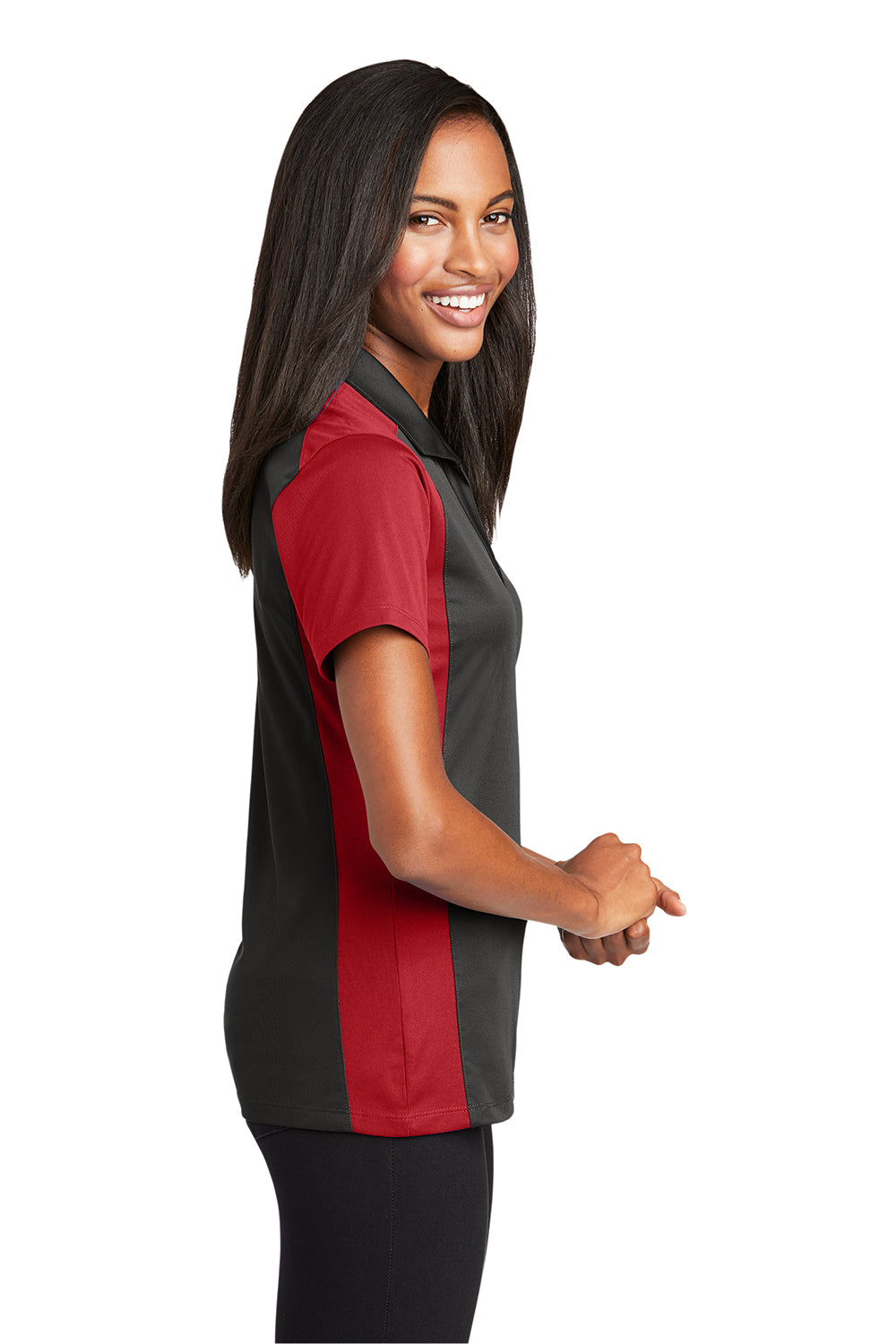 Sport-Tek LST652 Womens Sport-Wick Moisture Wicking Short Sleeve Polo Shirt Iron Grey/True Red Model Side