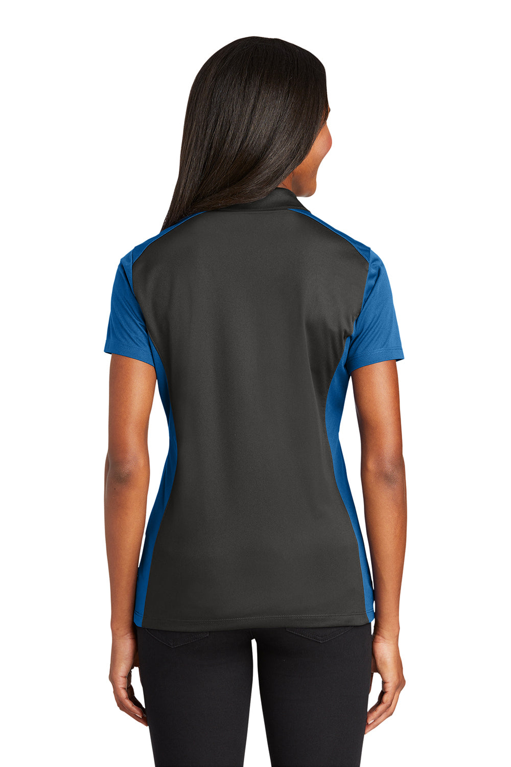 Sport-Tek LST652 Womens Sport-Wick Moisture Wicking Short Sleeve Polo Shirt Iron Grey/True Royal Blue Model Back