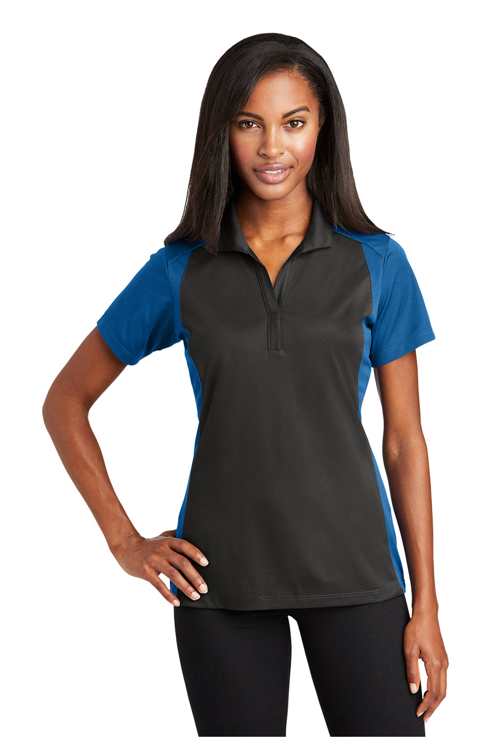 Sport-Tek LST652 Womens Sport-Wick Moisture Wicking Short Sleeve Polo Shirt Iron Grey/True Royal Blue Model Front