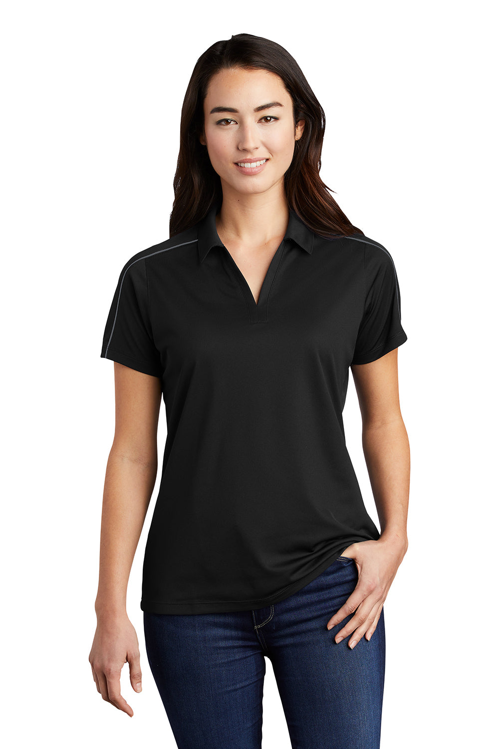 Sport-Tek LST653 Womens Sport-Wick Moisture Wicking Short Sleeve Polo Shirt Black/Iron Grey Model Front