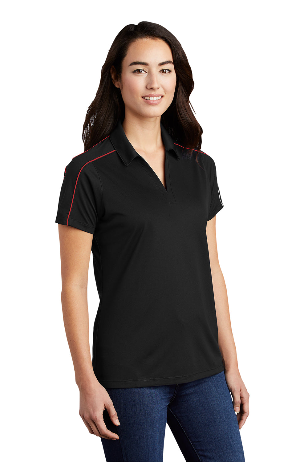 Sport-Tek LST653 Womens Sport-Wick Moisture Wicking Short Sleeve Polo Shirt Black/True Red Model 3q