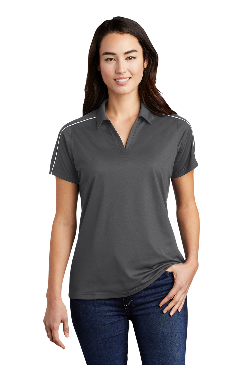 Sport-Tek LST653 Womens Sport-Wick Moisture Wicking Short Sleeve Polo Shirt Iron Grey/White Model Front