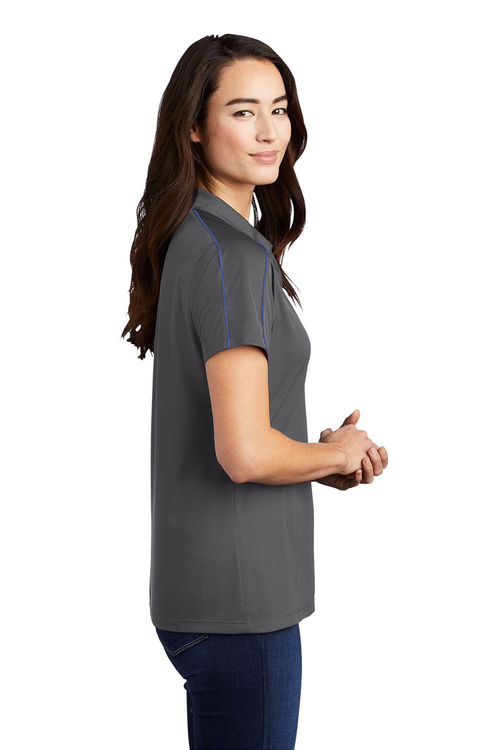 Sport-Tek LST653 Womens Sport-Wick Moisture Wicking Short Sleeve Polo Shirt Iron Grey/White Model Side