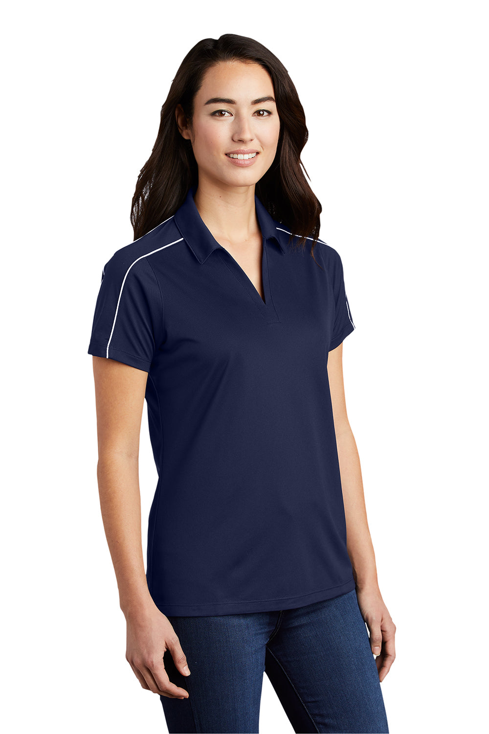 Sport-Tek LST653 Womens Sport-Wick Moisture Wicking Short Sleeve Polo Shirt True Navy Blue/White Model 3q