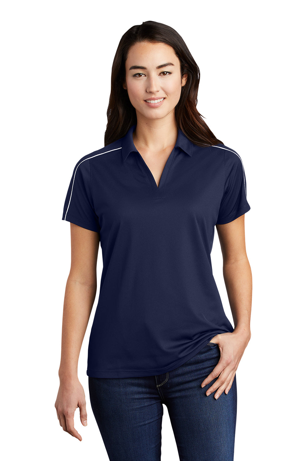 Sport-Tek LST653 Womens Sport-Wick Moisture Wicking Short Sleeve Polo Shirt True Navy Blue/White Model Front