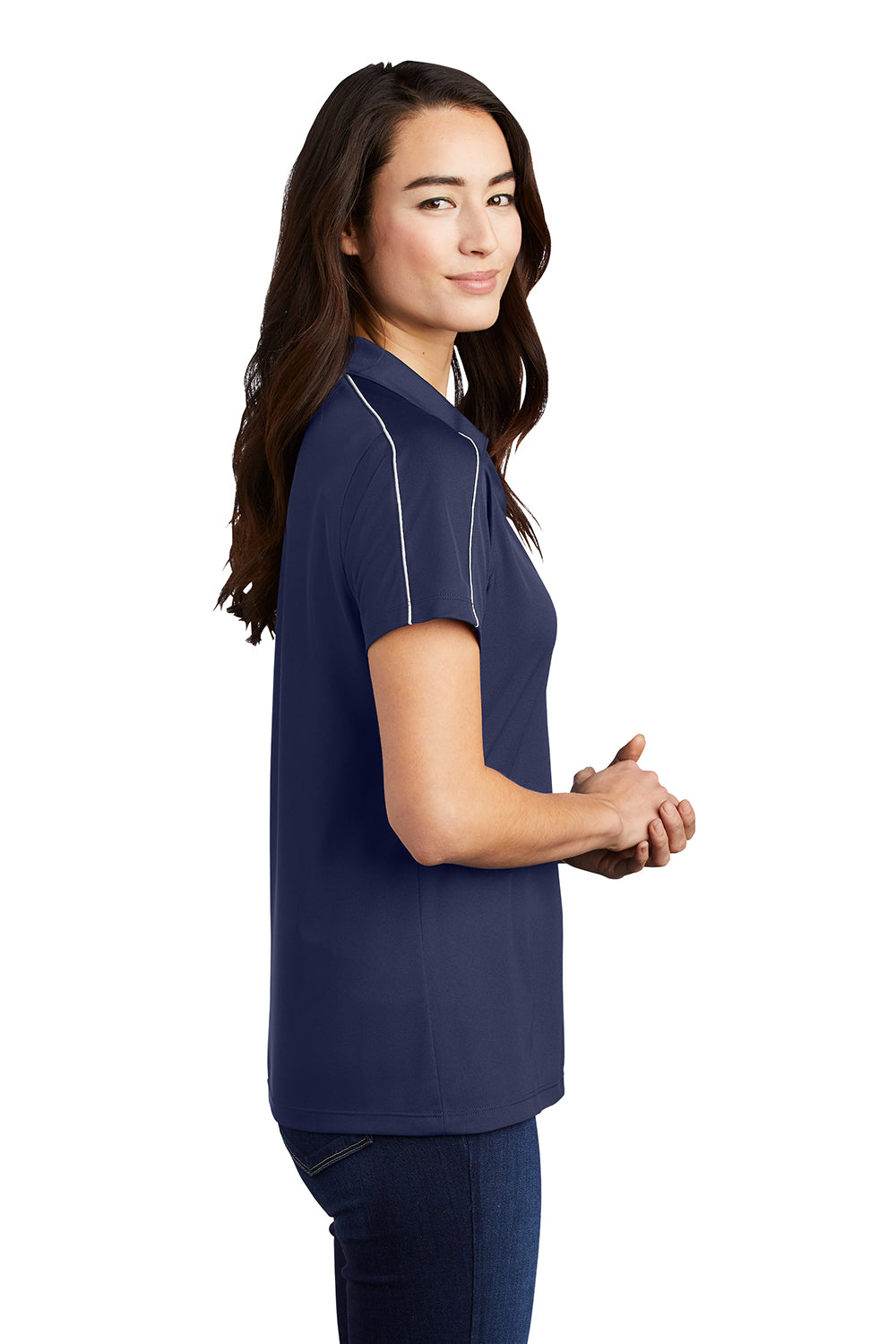 Sport-Tek LST653 Womens Sport-Wick Moisture Wicking Short Sleeve Polo Shirt True Navy Blue/White Model Side