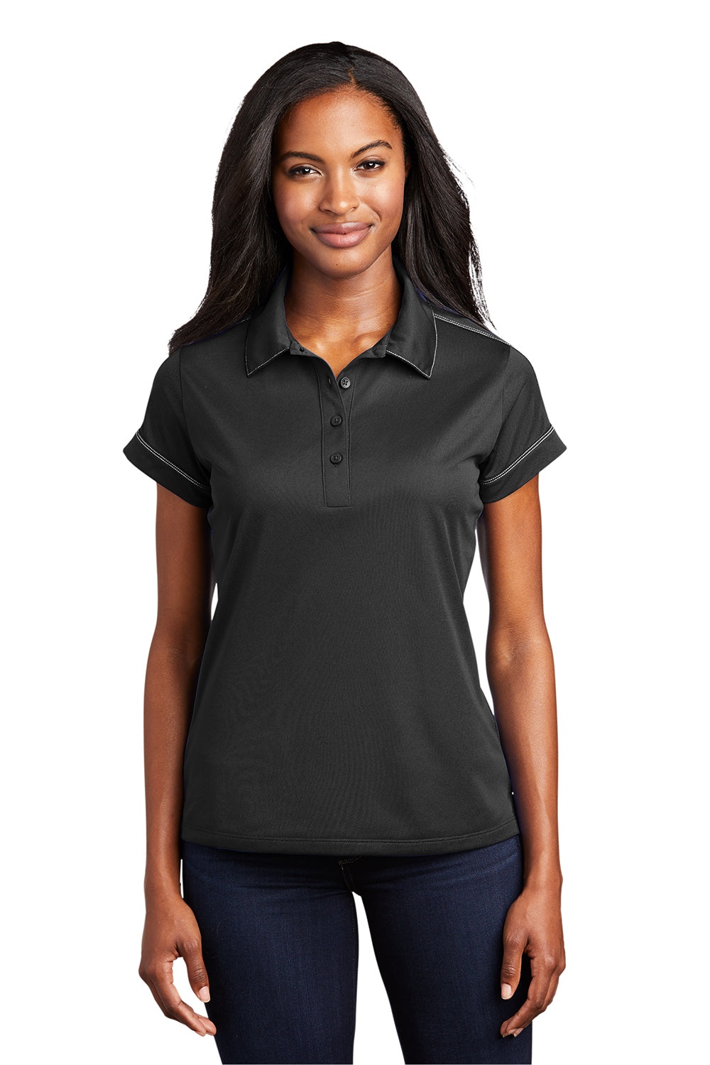 Sport-Tek LST659 Womens Sport-Wick Moisture Wicking Short Sleeve Polo Shirt Black Model Front