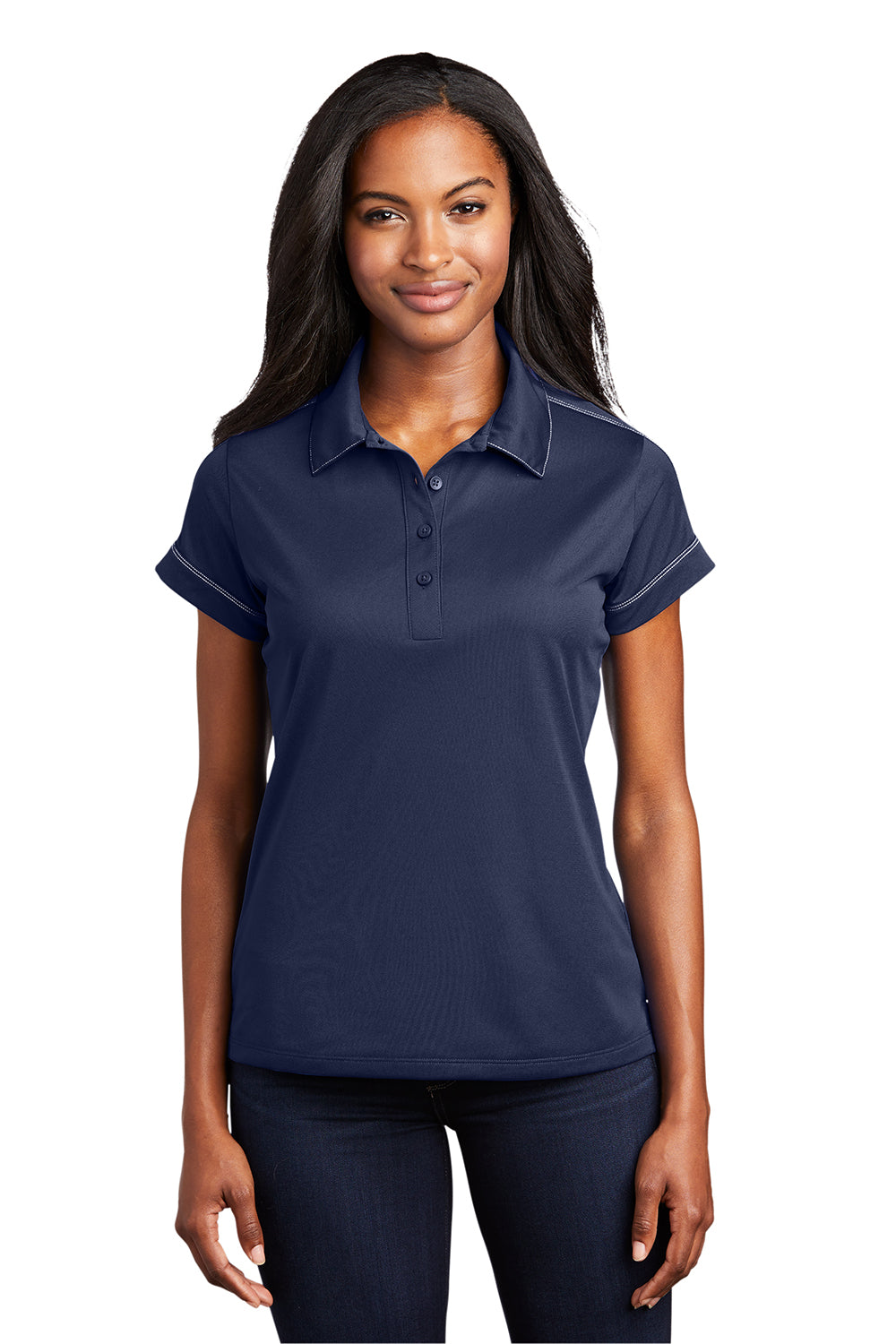 Sport-Tek LST659 Womens Sport-Wick Moisture Wicking Short Sleeve Polo Shirt True Navy Blue Model Front