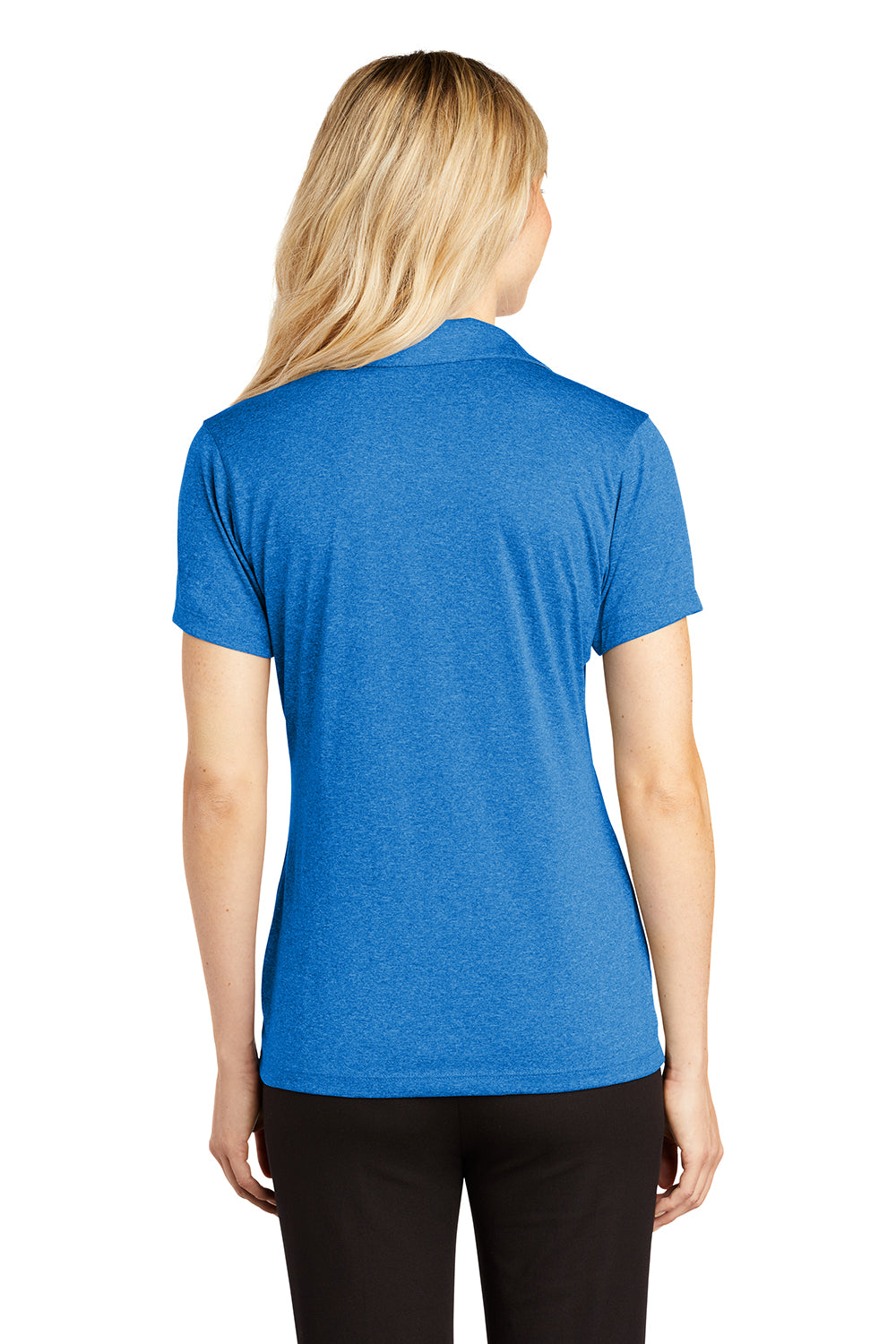 Sport-Tek LST660 Womens Heather Contender Moisture Wicking Short Sleeve Polo Shirt Heather Blue Wake Model Back