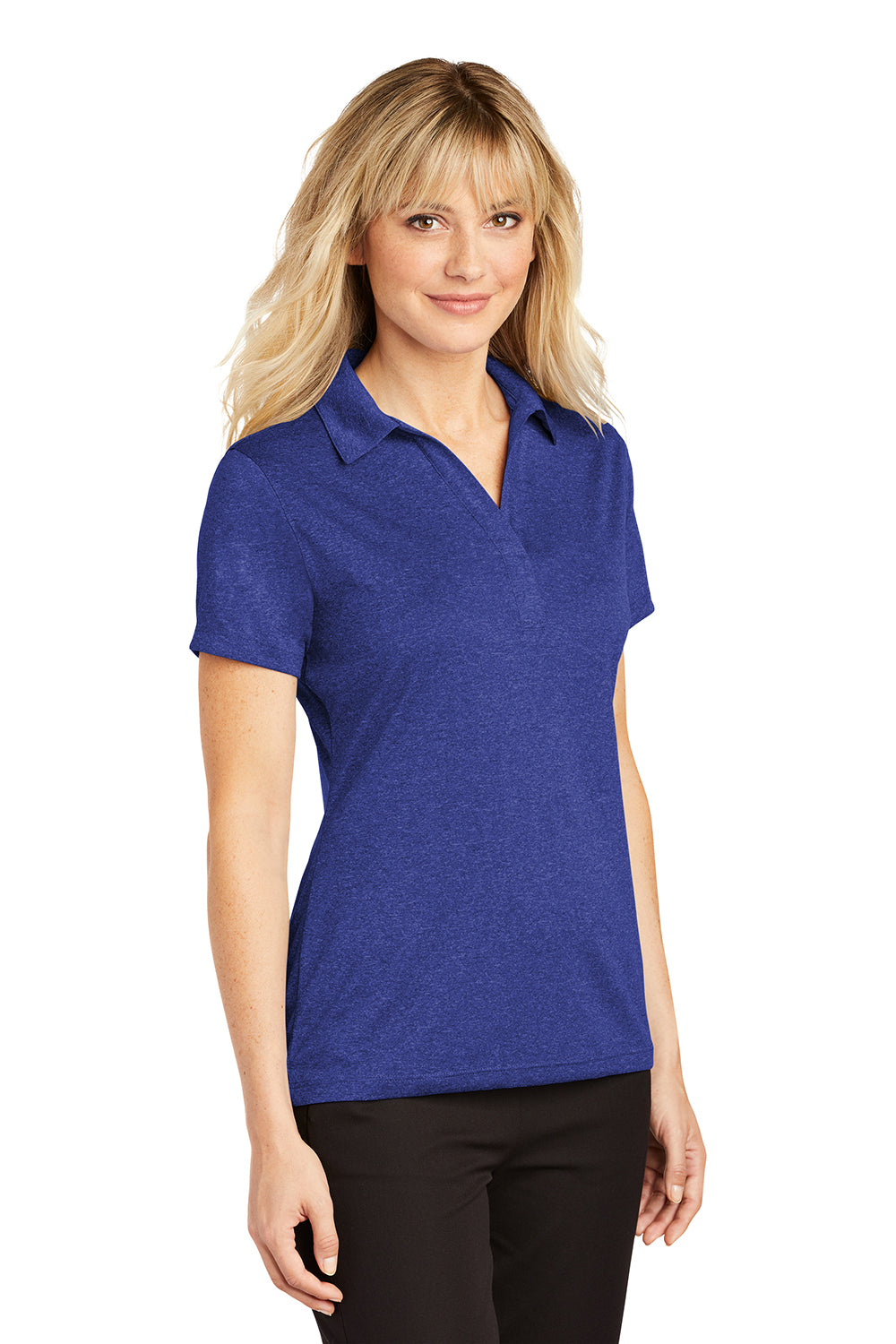 Sport-Tek LST660 Womens Heather Contender Moisture Wicking Short Sleeve Polo Shirt Heather Cobalt Blue Model 3q