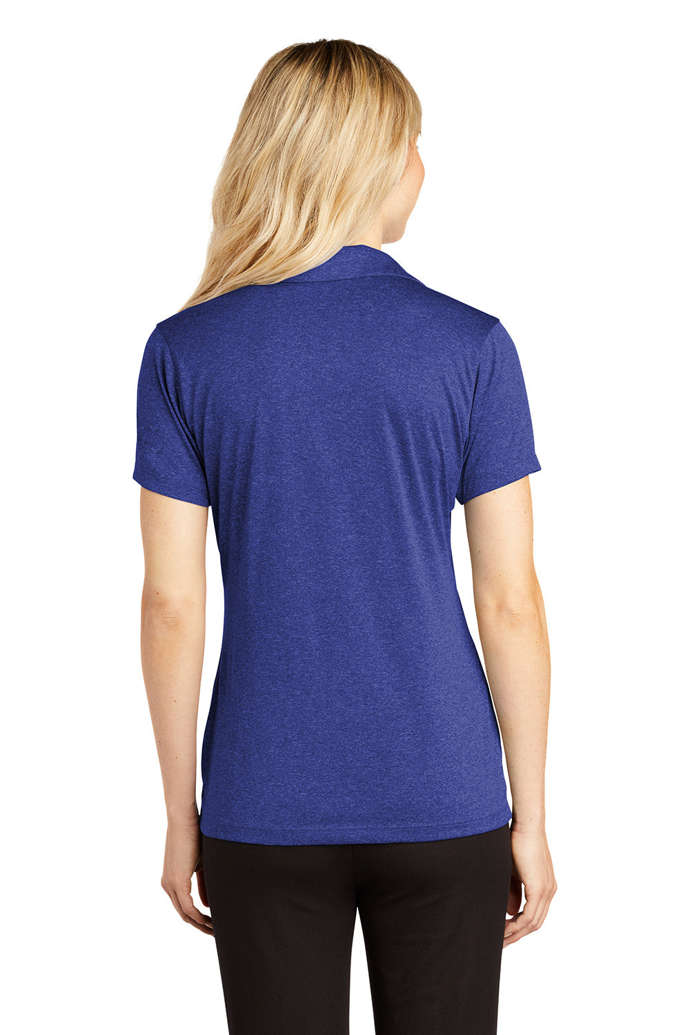 Sport-Tek LST660 Womens Heather Contender Moisture Wicking Short Sleeve Polo Shirt Heather Cobalt Blue Model Back