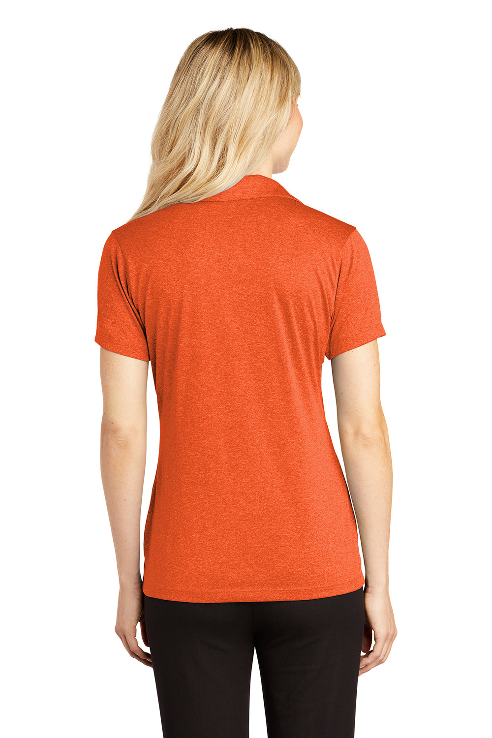 Sport-Tek LST660 Womens Heather Contender Moisture Wicking Short Sleeve Polo Shirt Heather Deep Orange Model Back