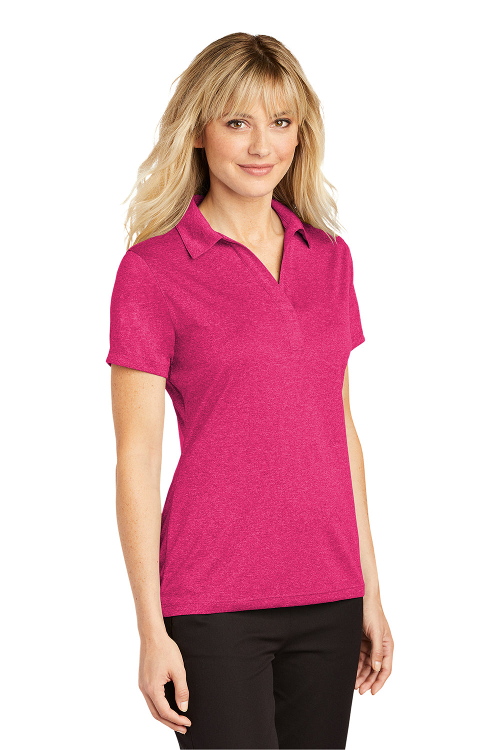 Sport-Tek LST660 Womens Heather Contender Moisture Wicking Short Sleeve Polo Shirt Heather Raspberry Pink Model 3q