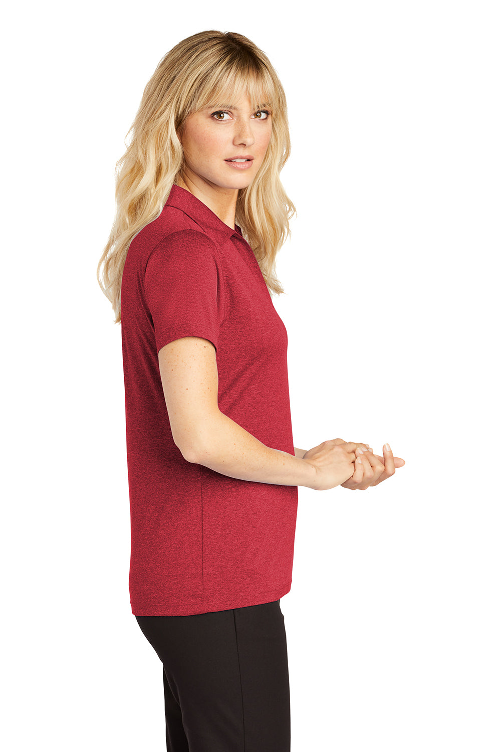 Sport-Tek LST660 Womens Heather Contender Moisture Wicking Short Sleeve Polo Shirt Heather Scarlet Red Model Side