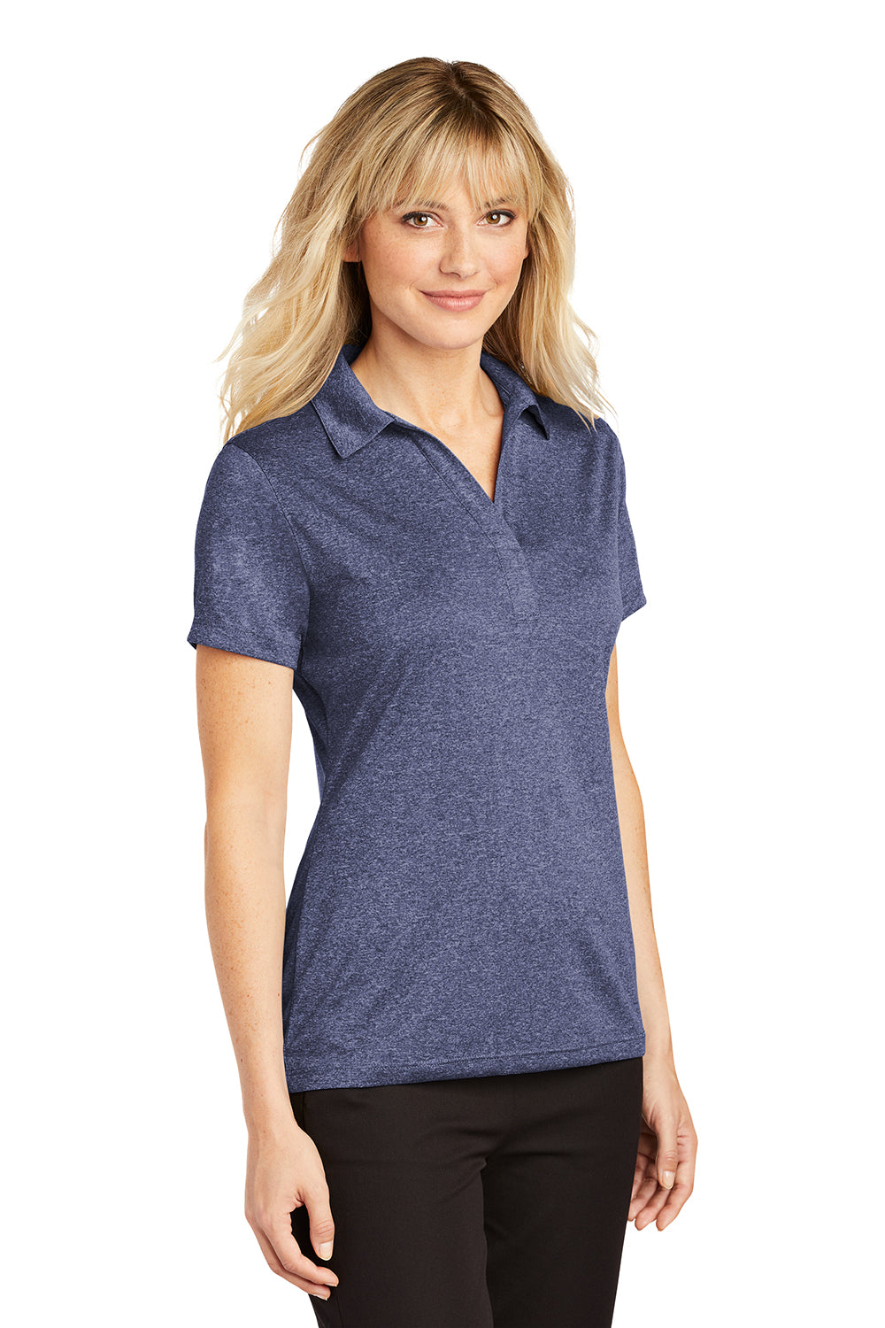 Sport-Tek LST660 Womens Heather Contender Moisture Wicking Short Sleeve Polo Shirt Heather True Navy Blue Model 3q