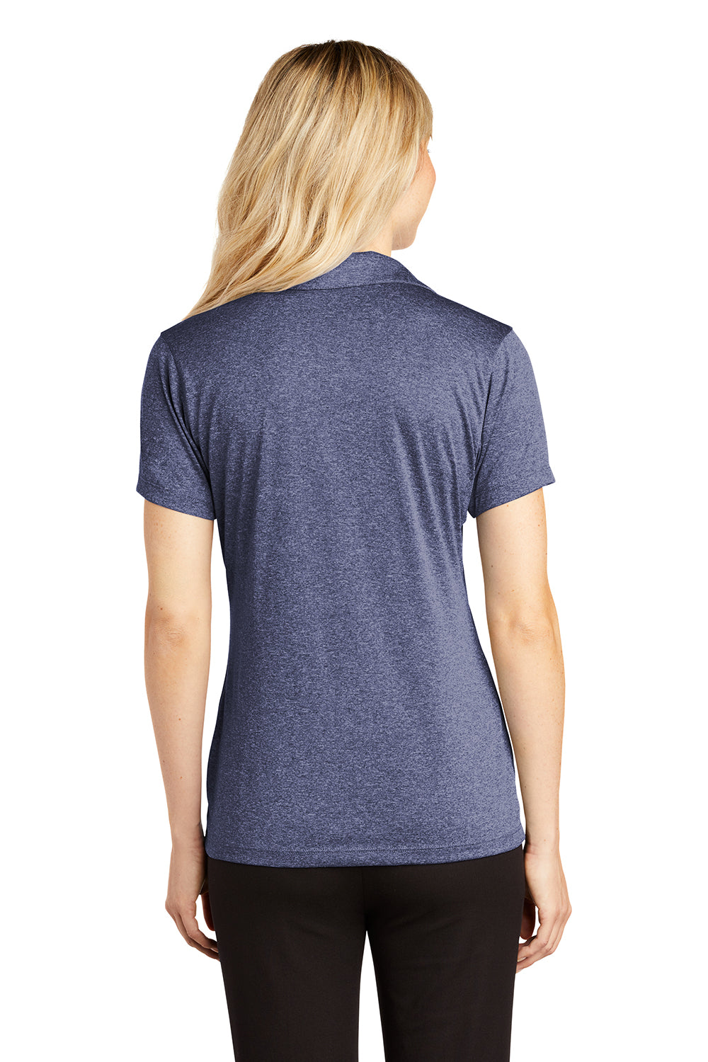 Sport-Tek LST660 Womens Heather Contender Moisture Wicking Short Sleeve Polo Shirt Heather True Navy Blue Model Back