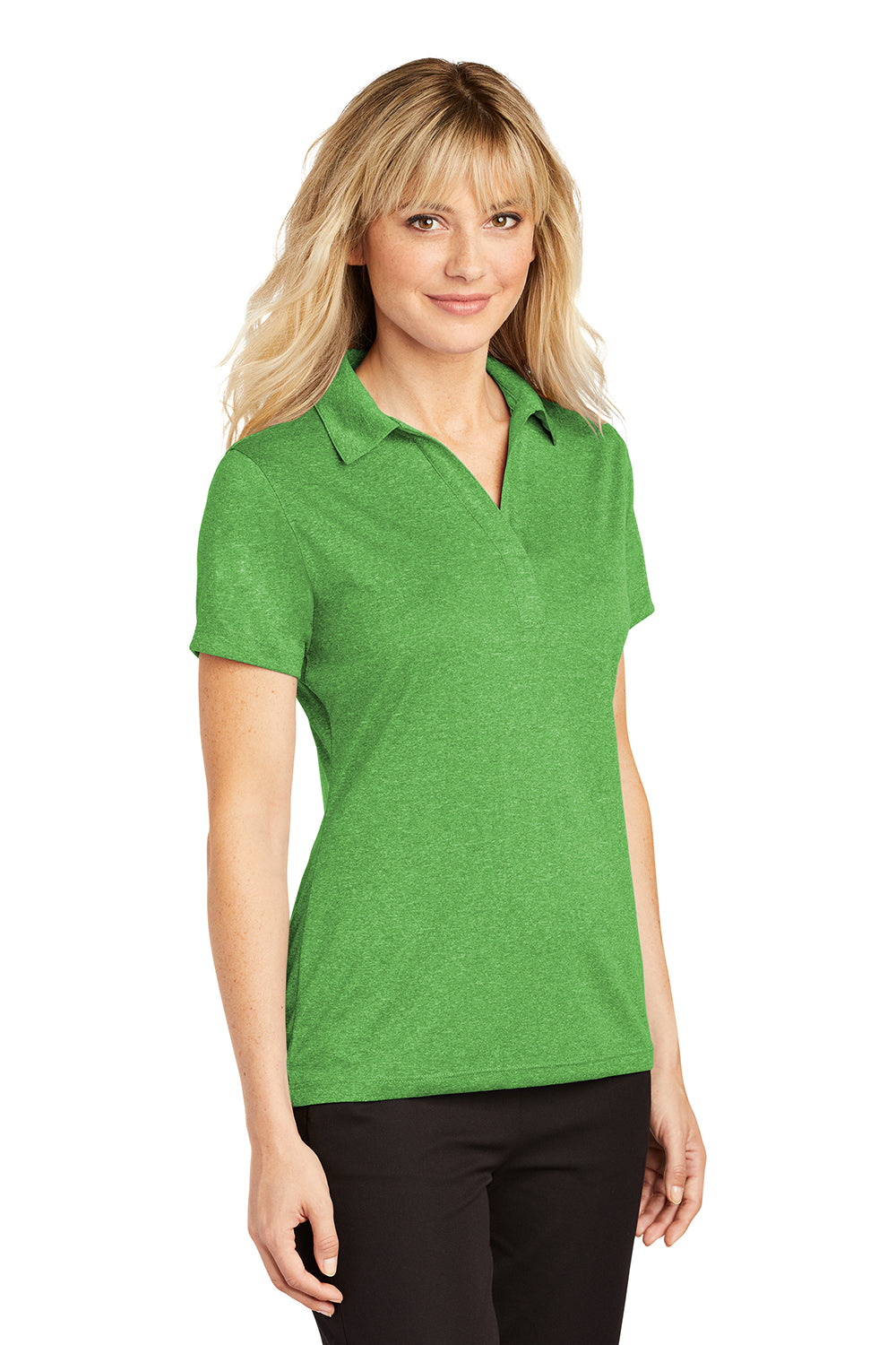 Sport-Tek LST660 Womens Heather Contender Moisture Wicking Short Sleeve Polo Shirt Heather Turf Green Model 3q