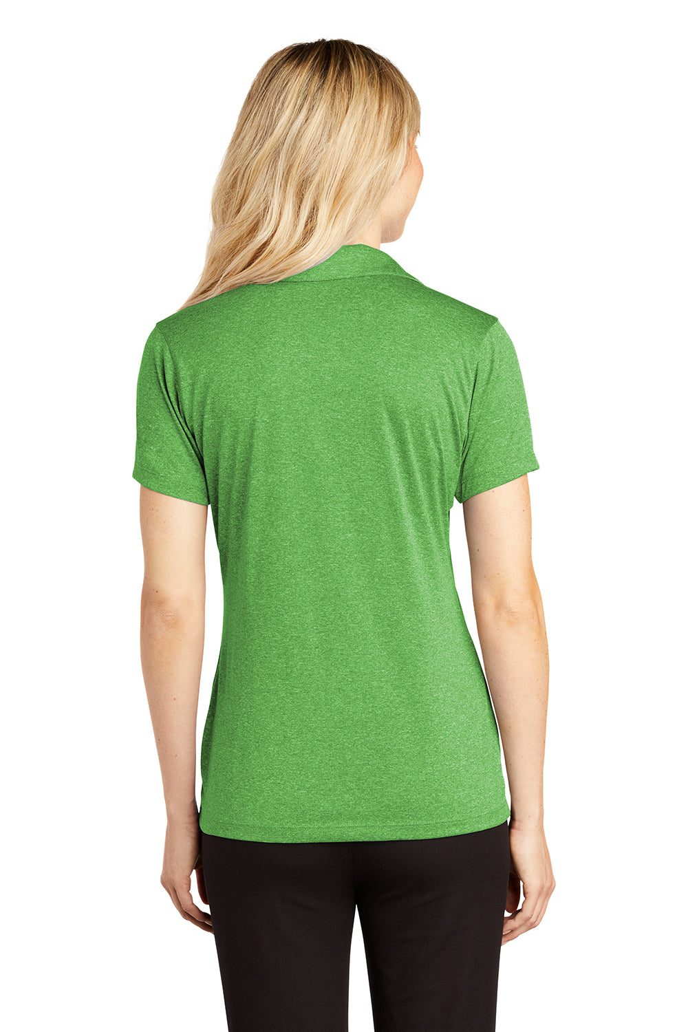 Sport-Tek LST660 Womens Heather Contender Moisture Wicking Short Sleeve Polo Shirt Heather Turf Green Model Back