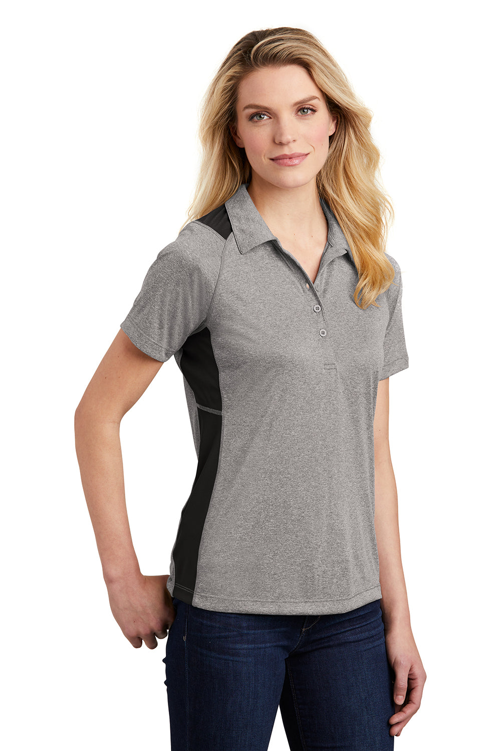 Sport-Tek LST665 Womens Heather Contender Moisture Wicking Short Sleeve Polo Shirt Heather Vintage Grey/Black Model 3q