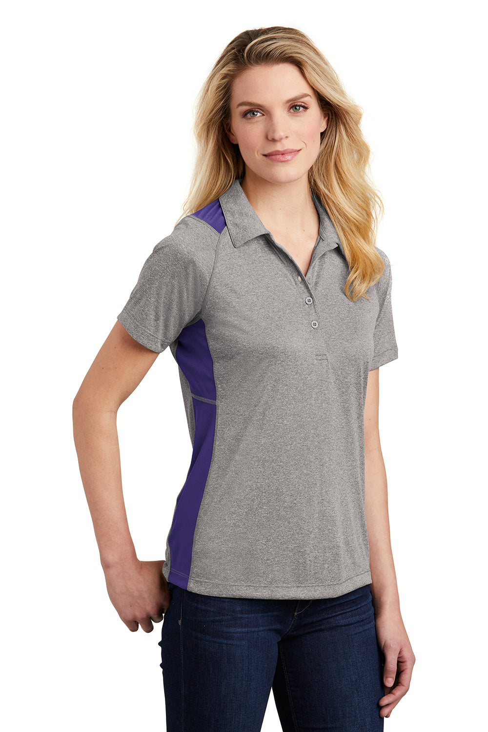 Sport-Tek LST665 Womens Heather Contender Moisture Wicking Short Sleeve Polo Shirt Heather Vintage Grey/Purple Model 3q