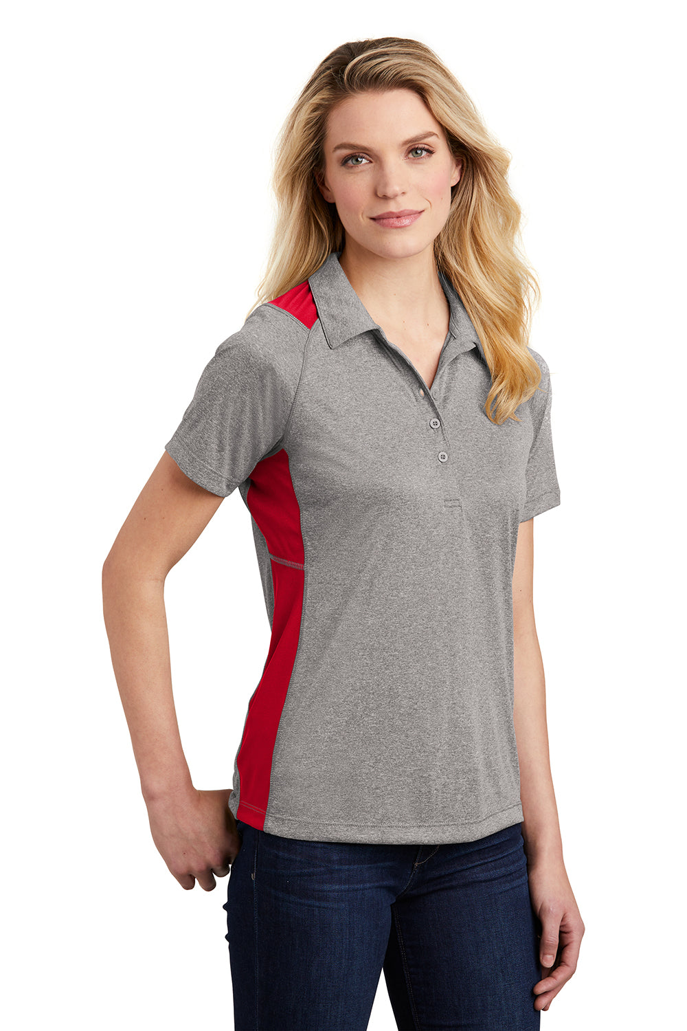 Sport-Tek LST665 Womens Heather Contender Moisture Wicking Short Sleeve Polo Shirt Heather Vintage Grey/True Red Model 3q