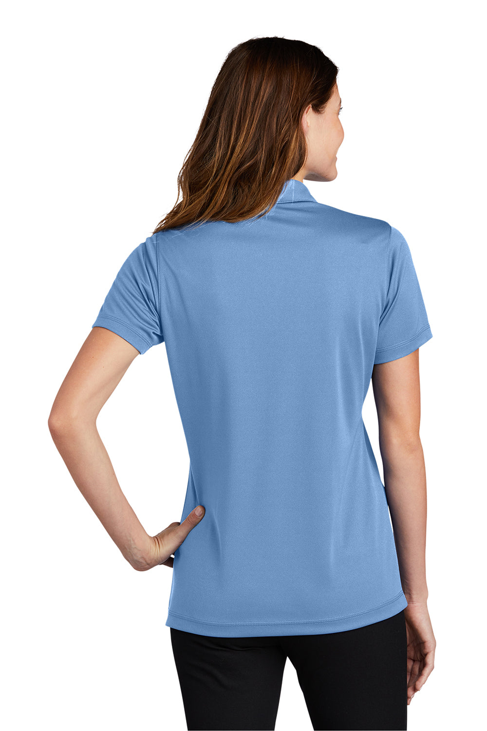 Sport-Tek LST680 Womens Micro-Mesh Moisture Wicking Short Sleeve Polo Shirt Carolina Blue Model Back