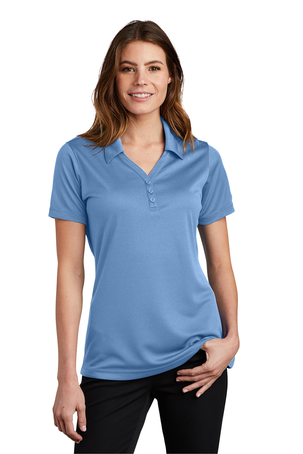 Sport-Tek LST680 Womens Micro-Mesh Moisture Wicking Short Sleeve Polo Shirt Carolina Blue Model Front