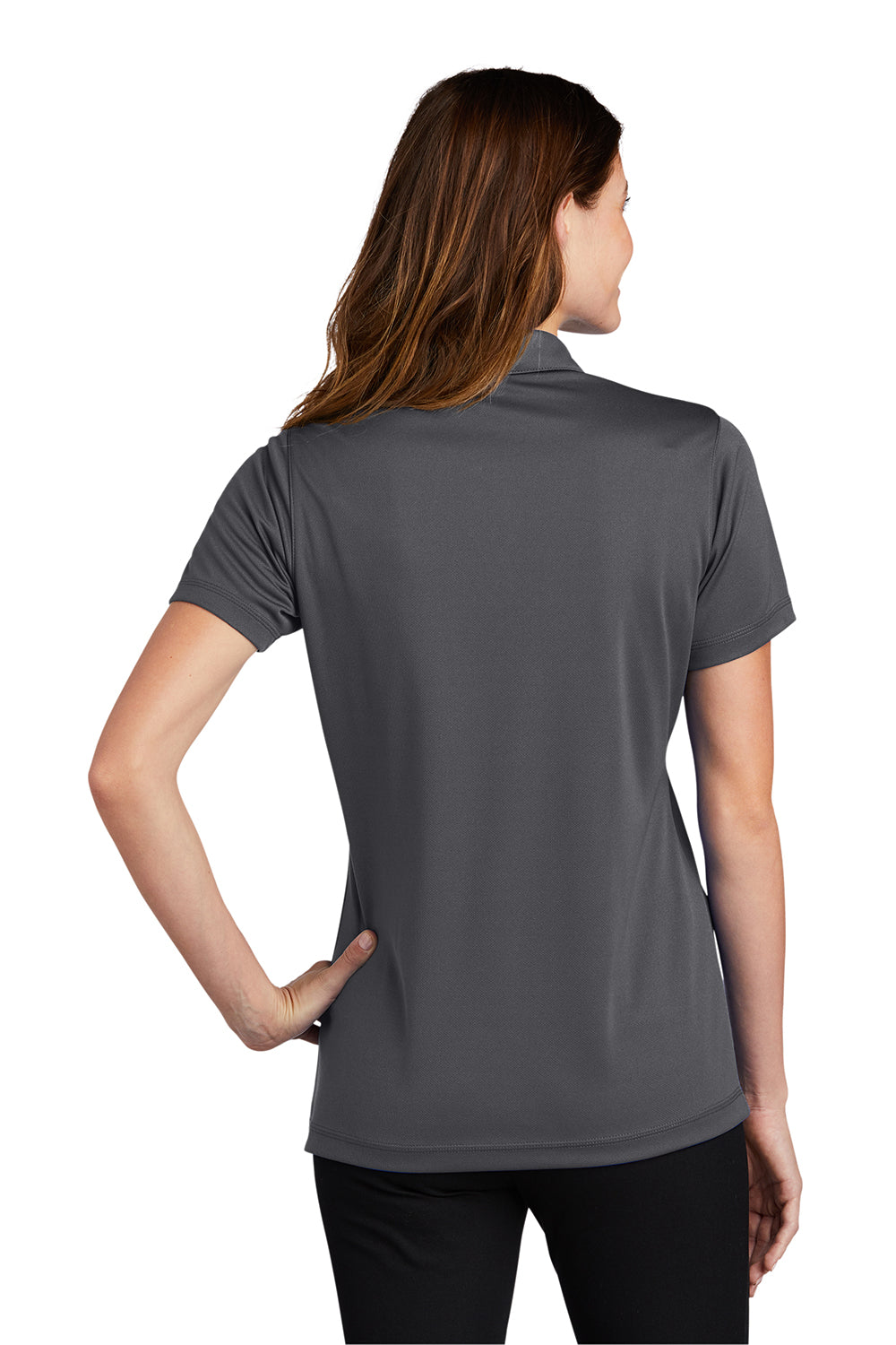 Sport-Tek LST680 Womens Micro-Mesh Moisture Wicking Short Sleeve Polo Shirt Iron Grey Model Back