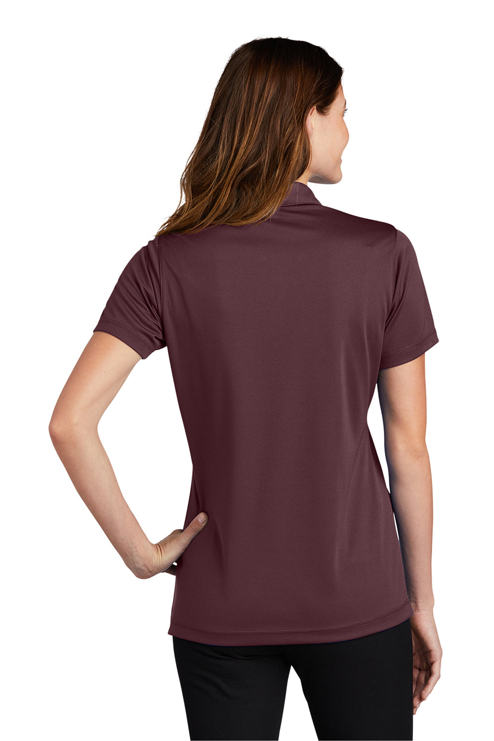 Sport-Tek LST680 Womens Micro-Mesh Moisture Wicking Short Sleeve Polo Shirt Maroon Model Back