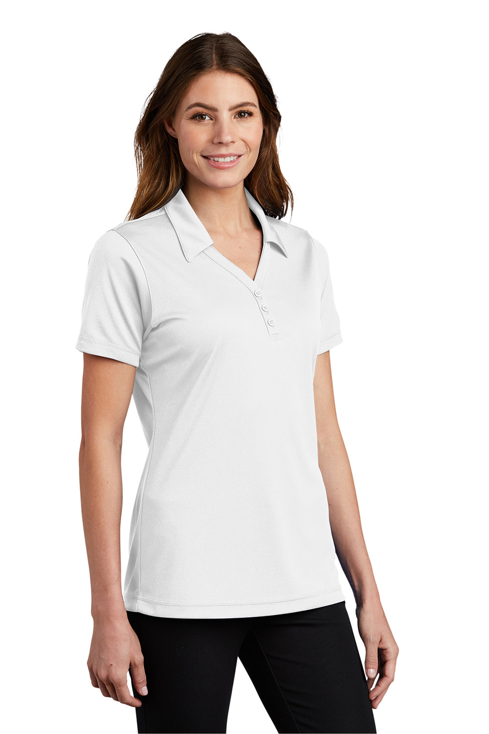 Sport-Tek LST680 Womens Micro-Mesh Moisture Wicking Short Sleeve Polo Shirt White Model 3q